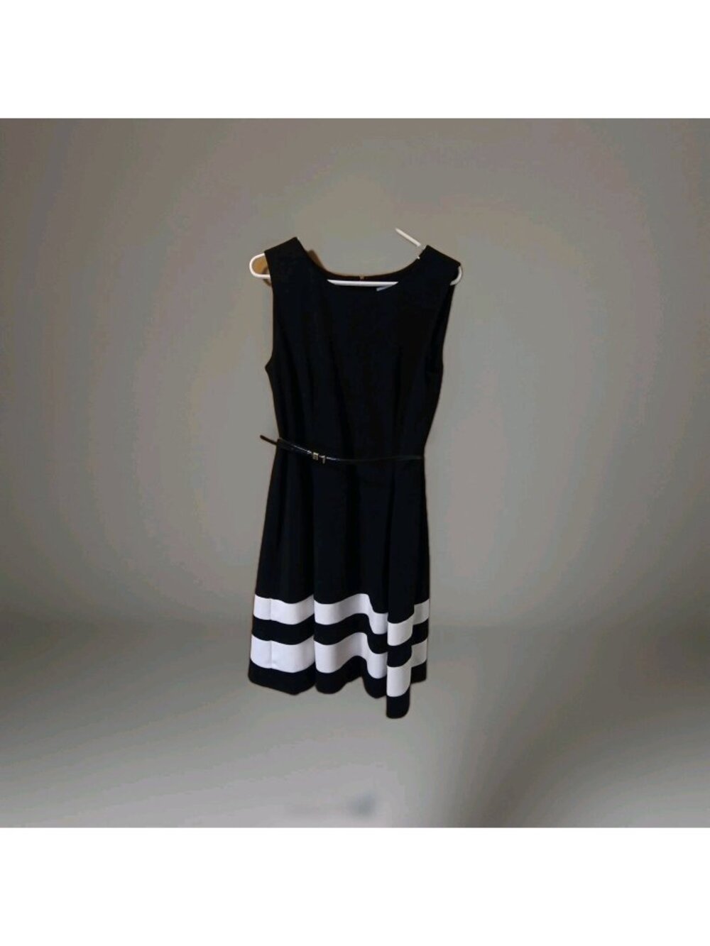 Calvin Klein Fit and Flare Dress 12 Color Blocked Black White Striped Hem Belted